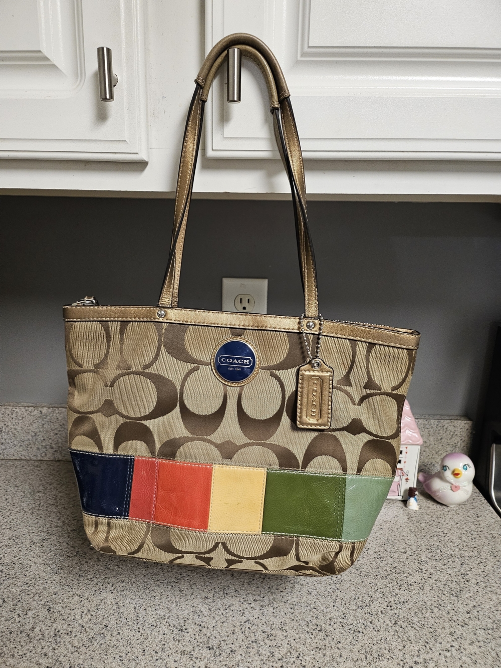 Coach Tan Signature Canvas Tote with Multicolor Leather Patch